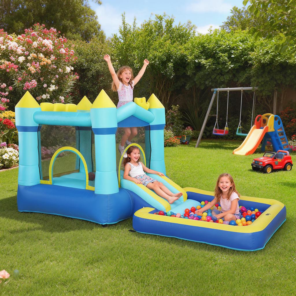 Inflatable Bounce House Play Center with Blower Slide Trampoline Splash Pool/Ball Pit Water Gun 364x173x182 Cm Blue