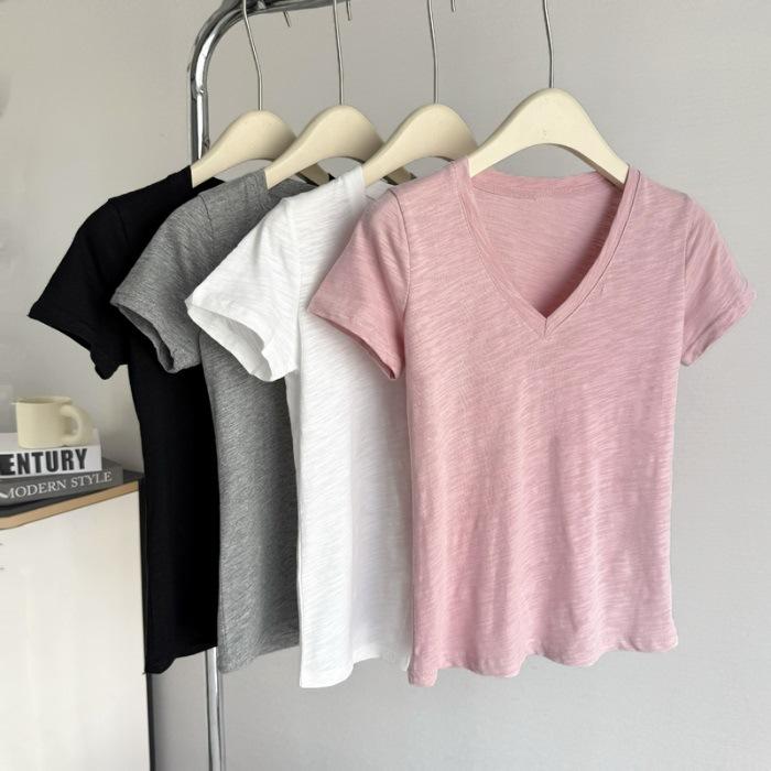 

Real shot front shoulder V-neck short-sleeved T-shirt women s summer slim-fit Korean version bamboo cotton bottom shirt with simple half-sleeved top XL рожевий
