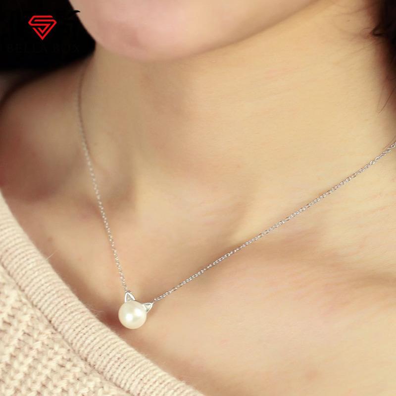 BELLA BOX Korean Fashion Copper Plated Silver Sen Tie Sweet Earrings Natural Freshwater Pearl Cat Cute Kitten Necklace Earrings Set