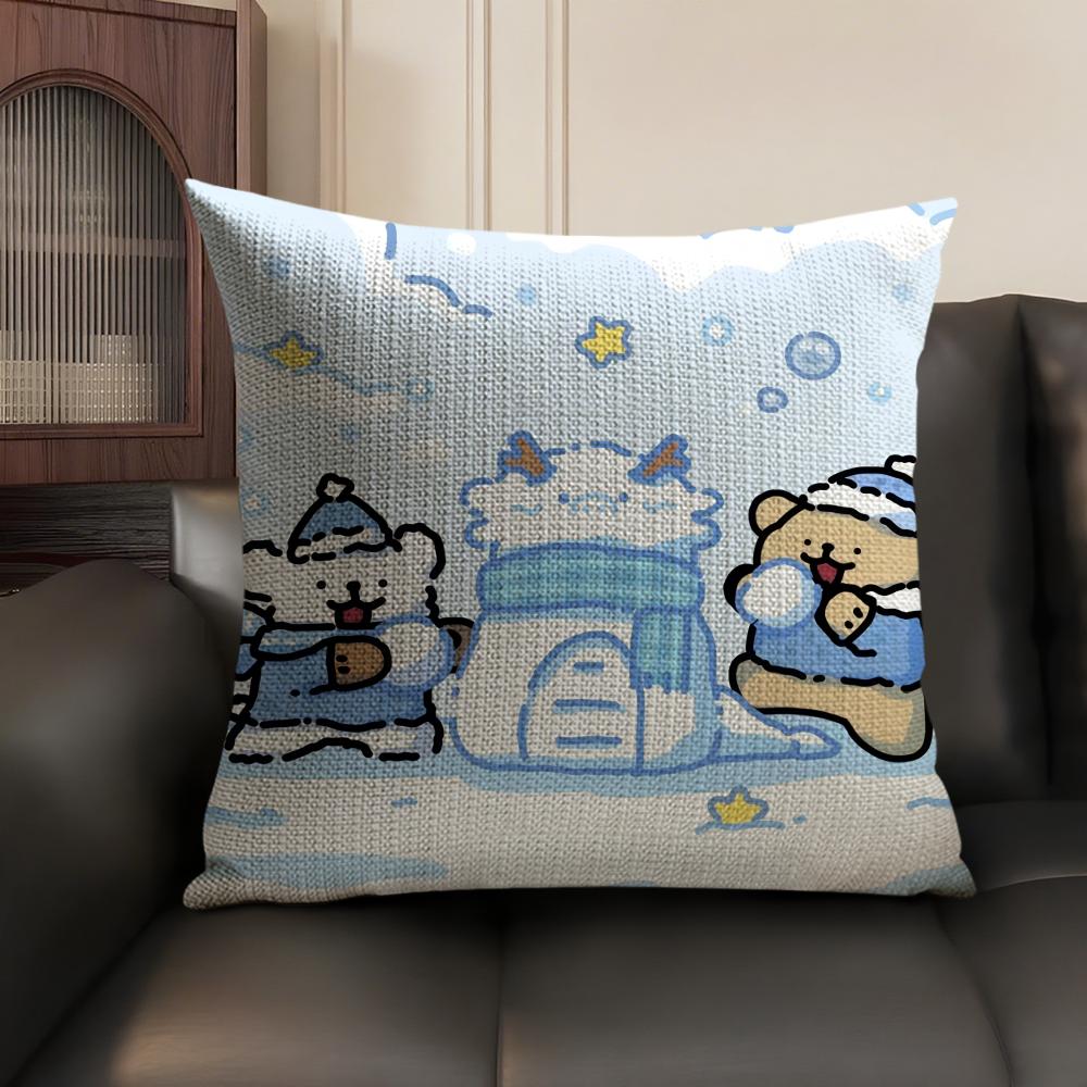 Cute Lover Korean Line P-Puppy Cushion Cover Natural Linen Organic Fabric Double-Sided Printing Sofa Home Decor Gift Pillow Case