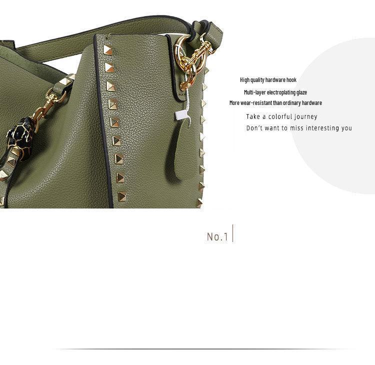 Echt Lederen Nieten Emmer Tas met Tijgerkop - Trendy Europese & Amerikaanse Crossbody Schouder Handtas