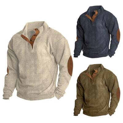 Men's Sweater Retro Button Patchwork Classic Versatile Stand Collar Autumn Winter Pullover Sweater