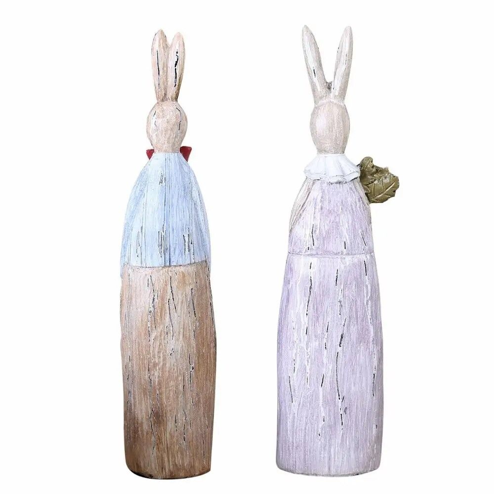 Rustic Couple Rabbit Sculpture Cute Rabbit Resin Ornament Retro Easter Bunny Statue Easter Decor