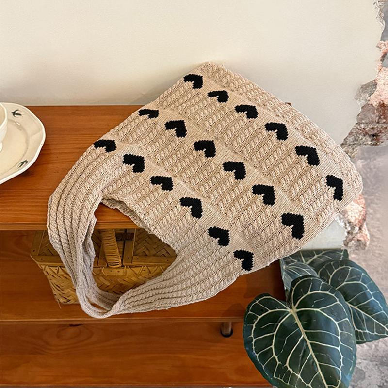 Fashi Heart Shape Pattern Knit Tote Bag Retro Women's Handbag Large Capacity Female Woven Shopper Purse Travel Bag