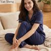 Women Pajama Set Cotton Summer Button‑Up Short Sleeve Long Pants Lapel Pocket Loungewear For Home Sleepwear