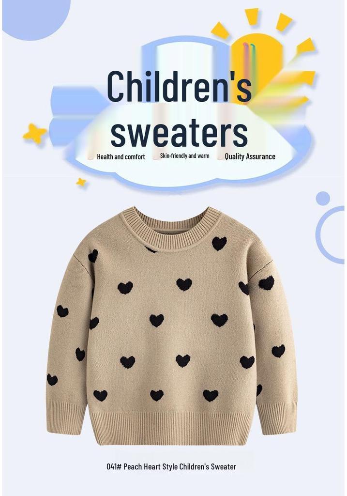 Girls' Heart Design Round Neck Long Sleeve Sweater - Korean Style Spring/Autumn Knitwear