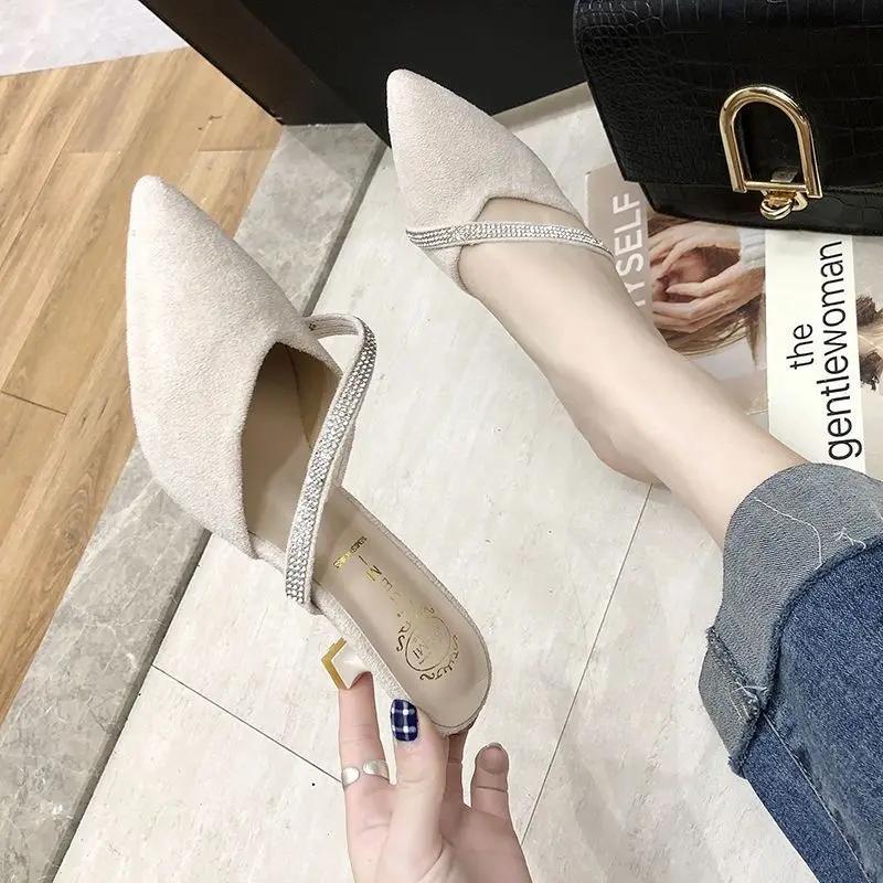 Fashion Canvas Women's Slippers and Ladies Sandals Sexy Heeled Black Shoes Crystals 2025 Trend Pvc Designer Luxury Slip-resistant Slides