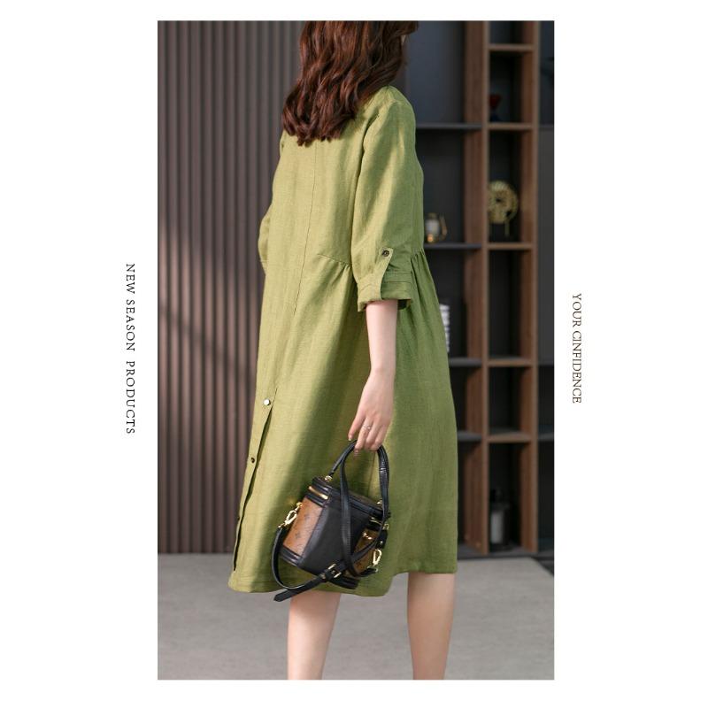 2026 Lockeres Freizeit-Hemdblusenkleid Sommer Neu Koreanische Mode Einreihig Büro Einfache Kleider Revers Tasche Einfarbig Sieben-Viertel-Ärmel Süß Elegant