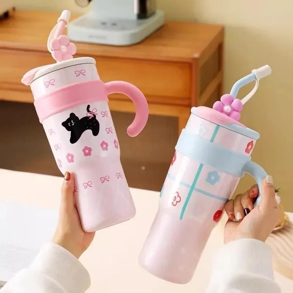 Large Capacity Tumbler with Handle Lid Straw Cute Cat Thermos Cup Stainless Steel Water Bottle Outdoor Travel Coffee Mug Gift
