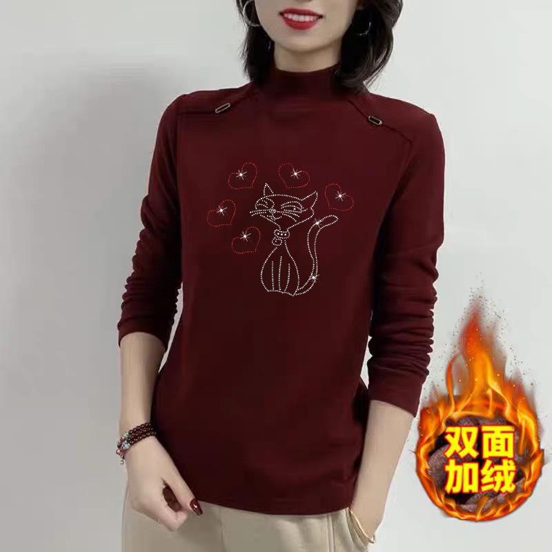 Thickened Warm Semi-turtleneck Bottoming Shirt for Women's Autumn and Winter New Slim-fitting Long-sleeved Solid-color Middle-aged Top for Women