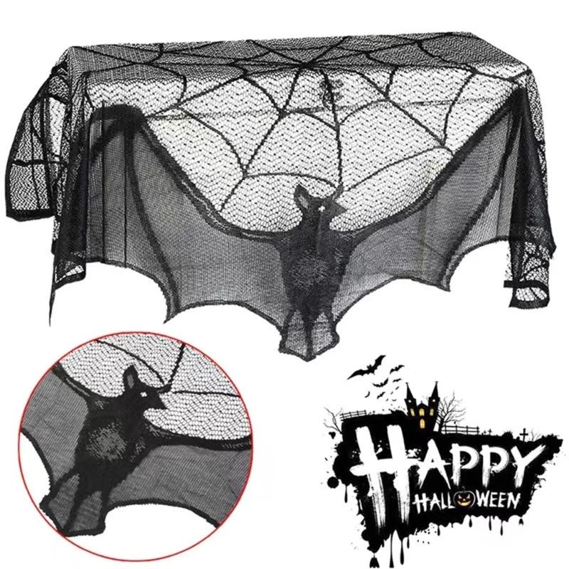 Spooky Black Lace Spiders Webs Mantel Scarf with Bat Lace Oven Cloth for Halloween Party Decoration