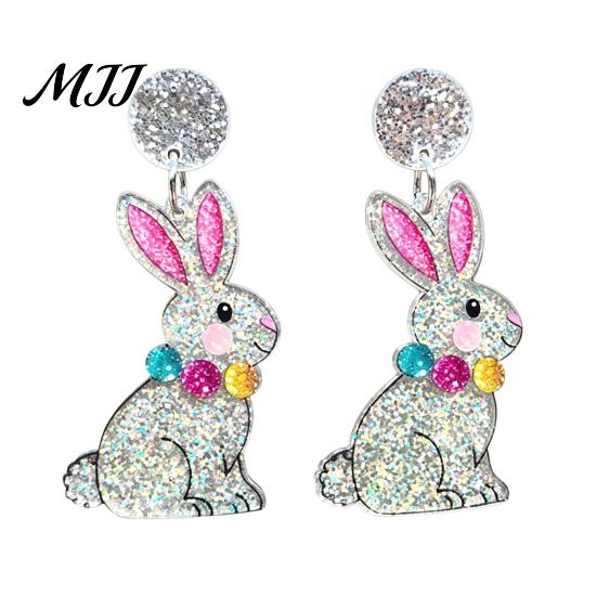 Acrylic Earrings with Glitter Finish Easter Bunny for Women Glittery and Colorful Rabbit Dangle Festive Holiday Jewelry Celebrations Gifts Lightweight