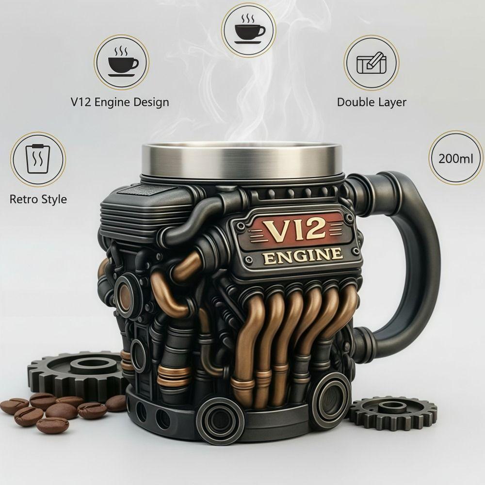 Taza de acero inoxidable con asa para motor V12, estilo retro, con aislamiento, ideal como regalo para hombres y niños.