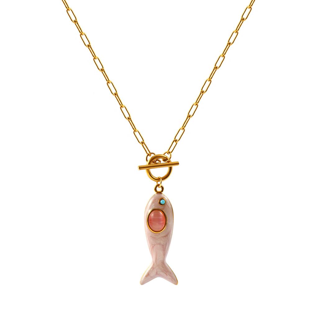Fisch Emaille Blaue Strasssteine Anhänger Charm Halskette 18K Gold Beschichtet 304 Edelstahl Paperclip Glieder Kette Ozean 45cm(17.7 ")lange