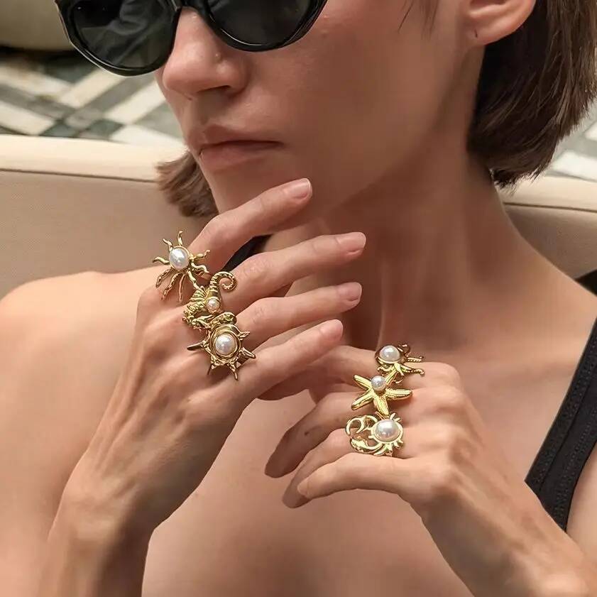 SHIXIN 6Pcs Creative Stainless Steel PVD18K Plated Gold Color Open Rings Women Trendy Imitation Pearl Finger Ring Daily Jewelry