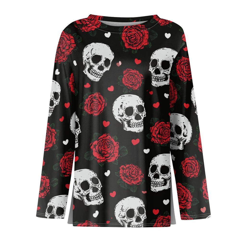 Women's Fashion Print Long Sleeve Top with Round Neck and Side Slits