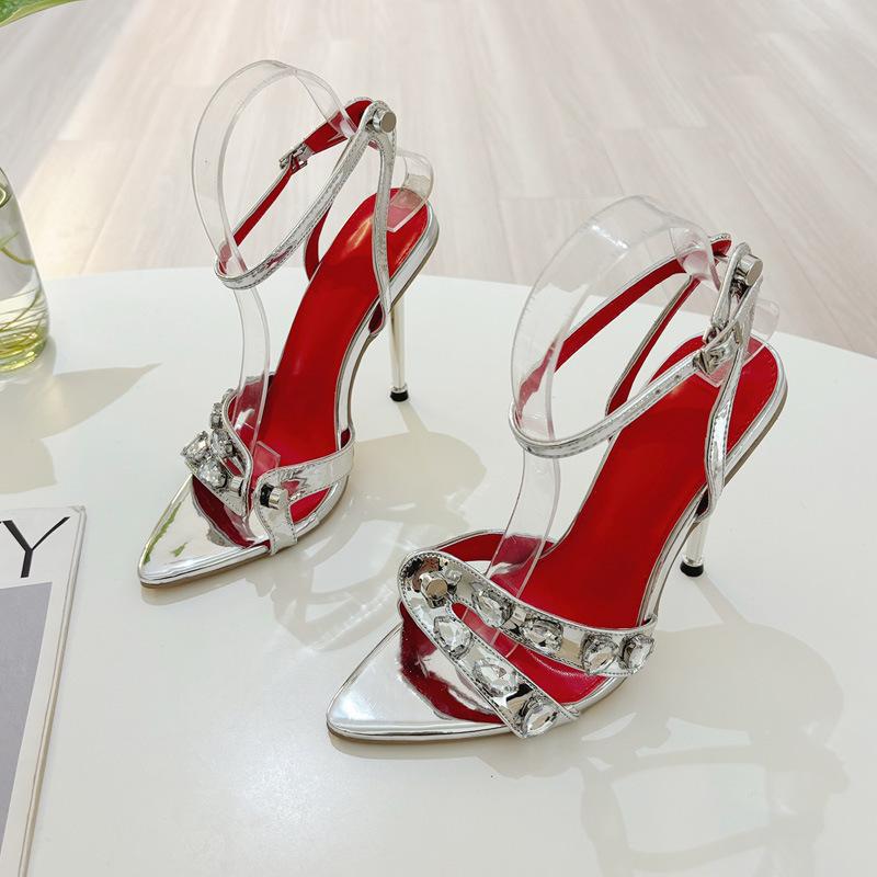 

Модная летняя мода Драгоценный камень Заклепка Узкий ремешок Металлические Тонкие Высокие Каблуки Сандалии для Женщин Сексуальный Острый Носок с Открытым Носком Пряжка на Щиколотке Туфли для Вечеринки 35 серебряный