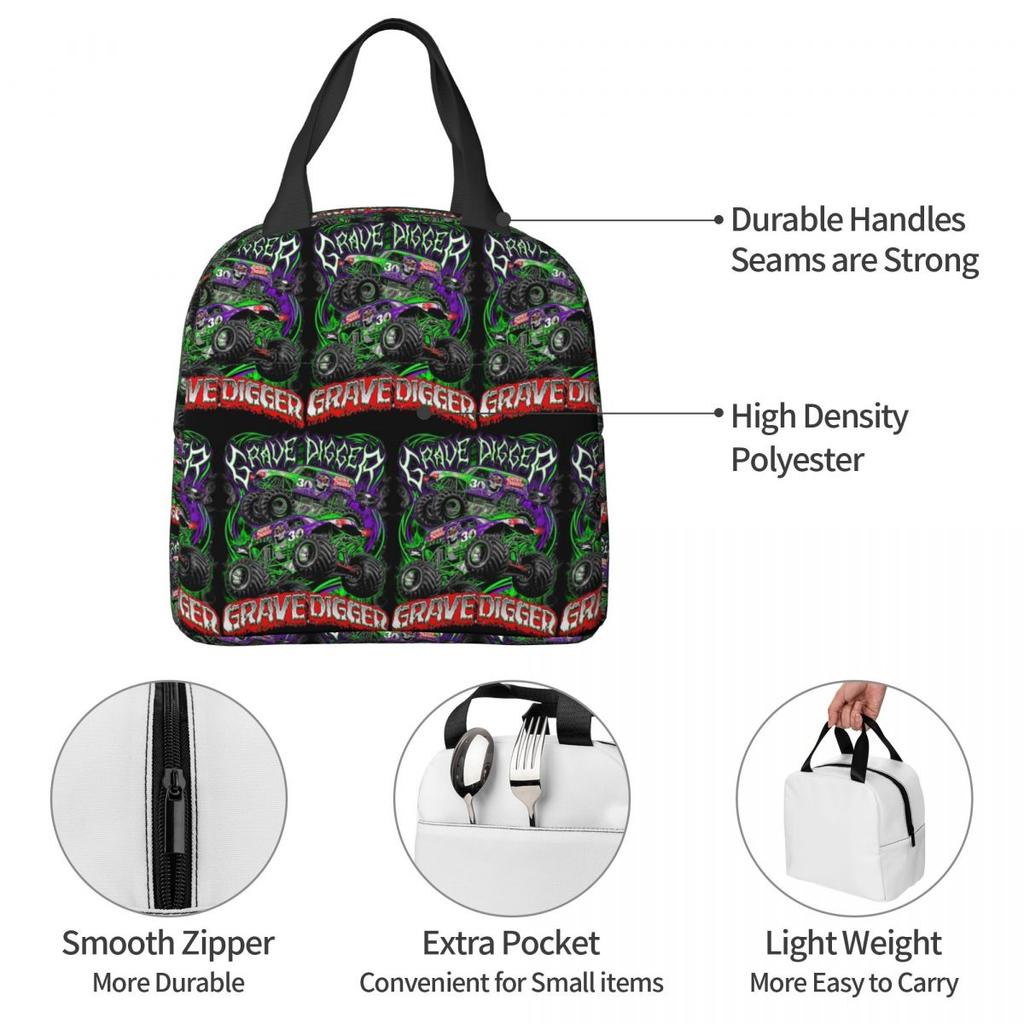 Monster Jam Grave Digger Monster Truck Insulated Lunch Bag for Women Office Cooler Thermal Food Box Tote Lunch Boxes Container
