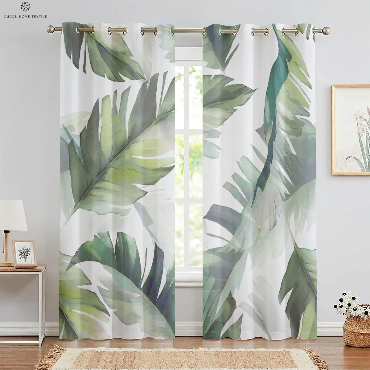 Geometrische grüne Blätter, tropische Vegetation, 3D-Druck, Vorhänge, Schwarz und Weiß, Schlafzimmer, Wohnzimmer, Fensterdekoration W50xH130(CM)x2PCS&Rod pocket