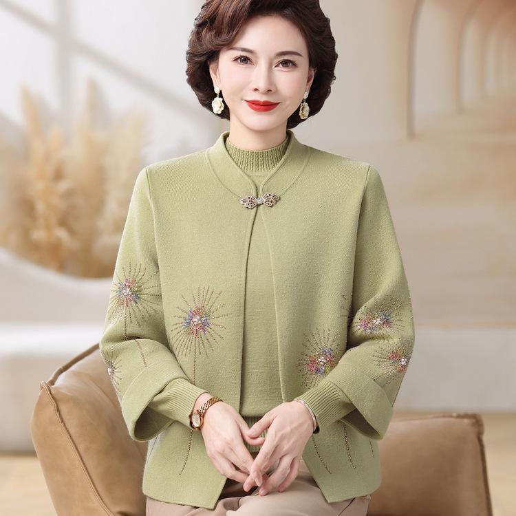 Middle-aged and Elderly Women's Cardigan Year Sweater Jacket Mother Spring and Autumn Clothes Red Knitted Two-piece Autumn and Winter Base Shirt
