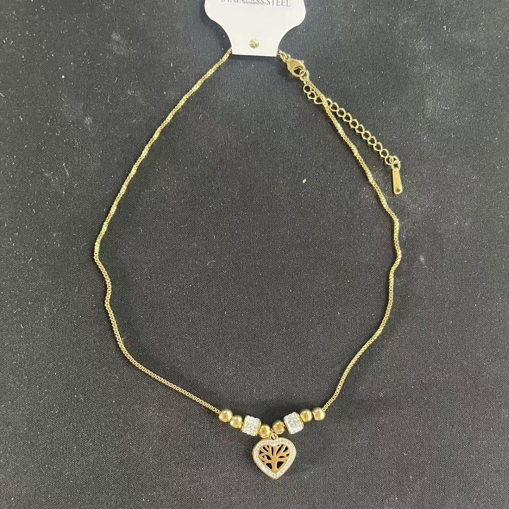 Women's Necklace with European and American Style, Round Bead Clavicle Chain, Zircon Heart Pendant, Titanium Steel Necklace, Tree of Life Clavicle