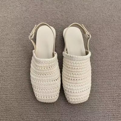 Moda Verão 2025 Novas Sandálias Femininas com Salto Bloco, Boca Rasa, Palha, Bico Fechado, Costas Vazadas, Sandálias de Uma Tira, Sapatos de Salto Baixo