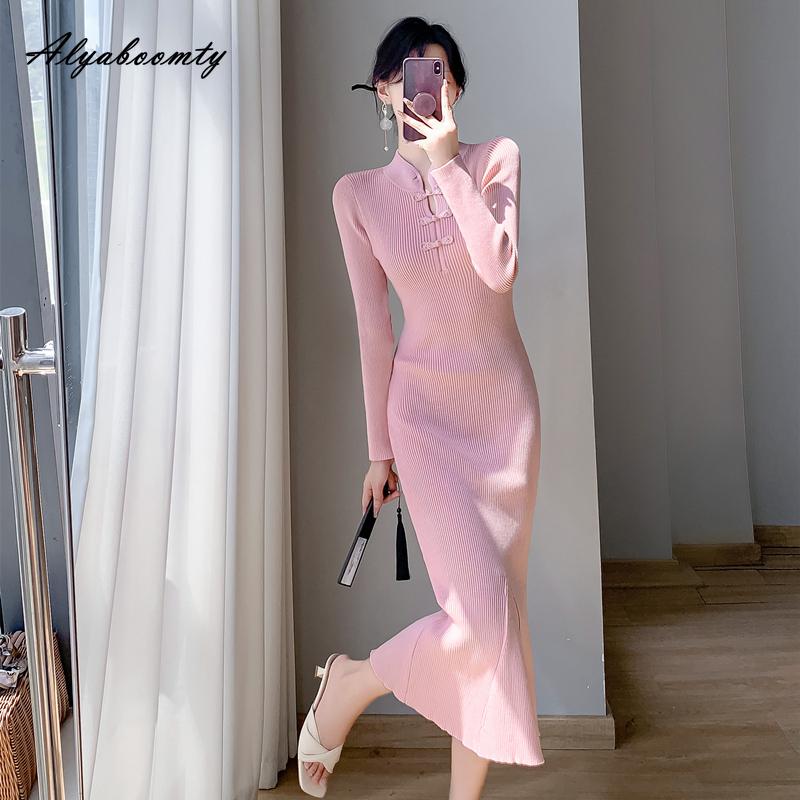 Chinese Style Autumn Winter Women Sweater Dress Stand Collar Pink Beige Black Trumpt Knitting Dress Elegant Feminine Mermaid Knitted Dress