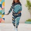 Women Plus Size Navy Blue Gold White Abstract Printed Round Neck Long Sleeve Top Fitted Pants Two Piece Set