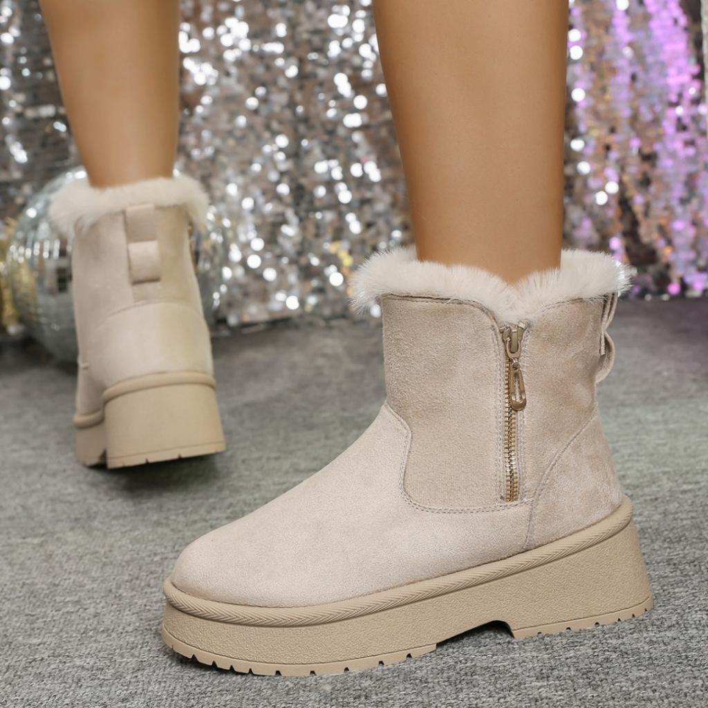 Fashion Platform Snow Boots Women Winter Warm Fashion Short Botas Short Plush Thick Heeled Solid Suede Side Zipper Cotton Botines Female