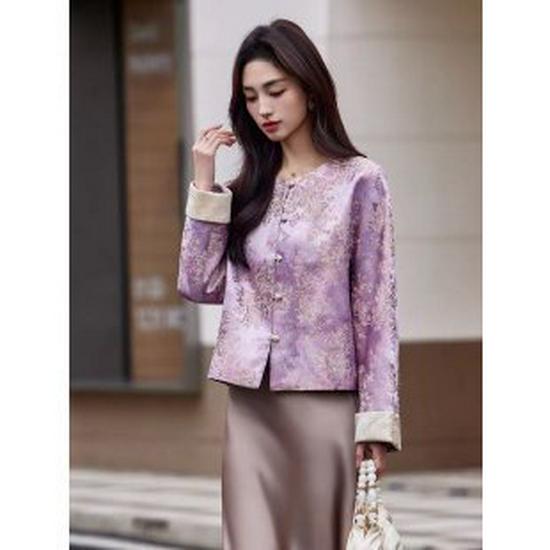 

Mom s Spring 2026 Elegant Jacquard Windbreaker - Chinese Style Cardigan for Middle-aged & Elderly Women 2XL світло-фіолетового кольору