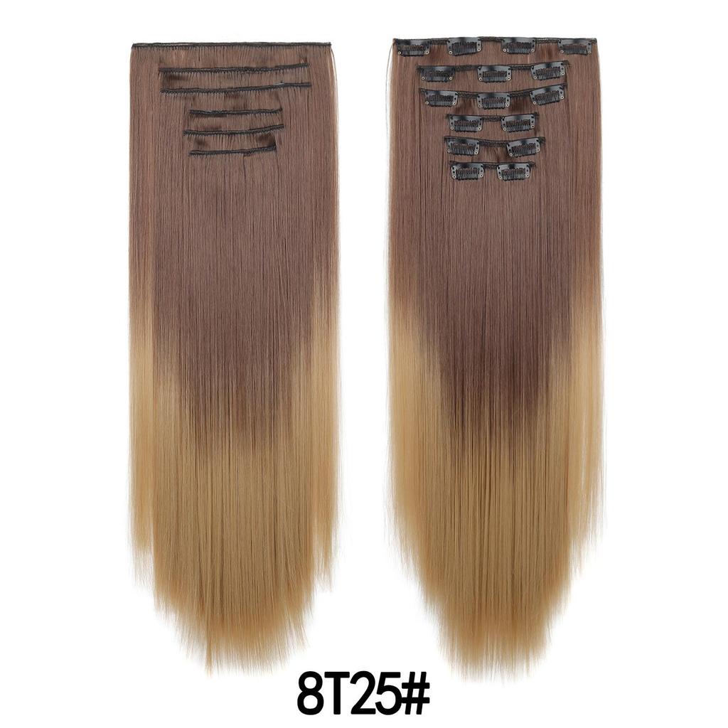 Ensemble de 6 Pièces Postiche Clip In Extensions de Cheveux 24 pouces Long Cheveux Raides Tête Complète Couleur Dégradée Ombrée Aspect Naturel Usage Quotidien