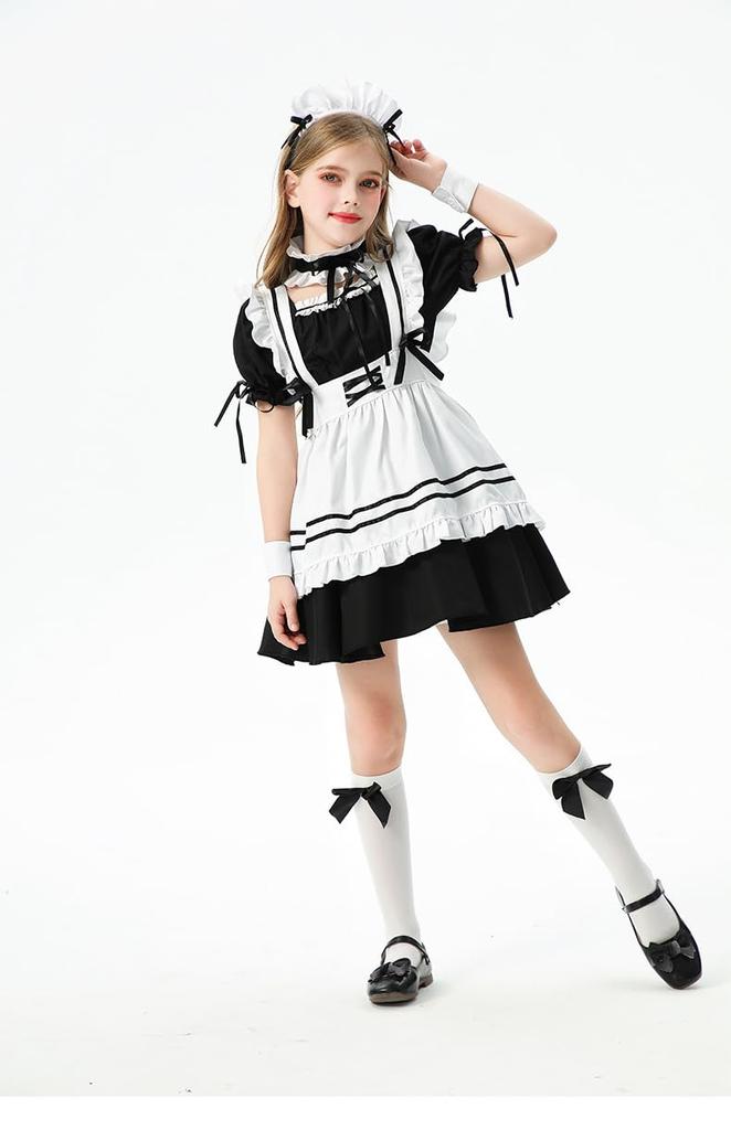 Madrugada Maid Costume for Deluxe Set Halloween Tattoo Elementary School S811 Girls, 7-Piece (Dress, Choker, Headband, Apron, Cufflinks, Socks,