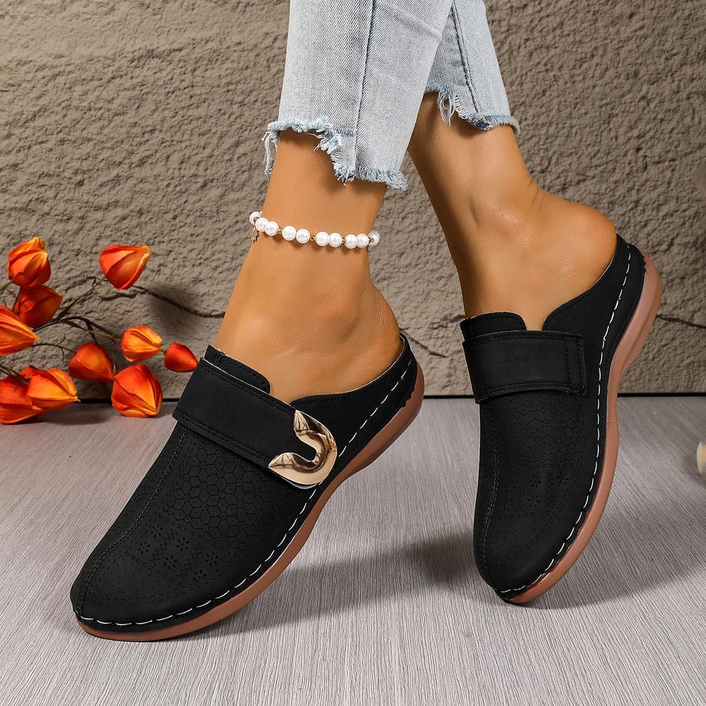 Large size baotou flat bottom casual half drag new solid color wedge metal buckle beach slippers