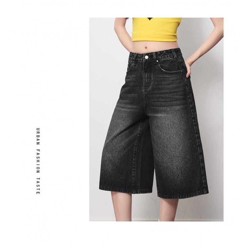 High-Waisted Washed Black Grey Denim Cropped Wide-Leg Pants Women Straight Fit 2026