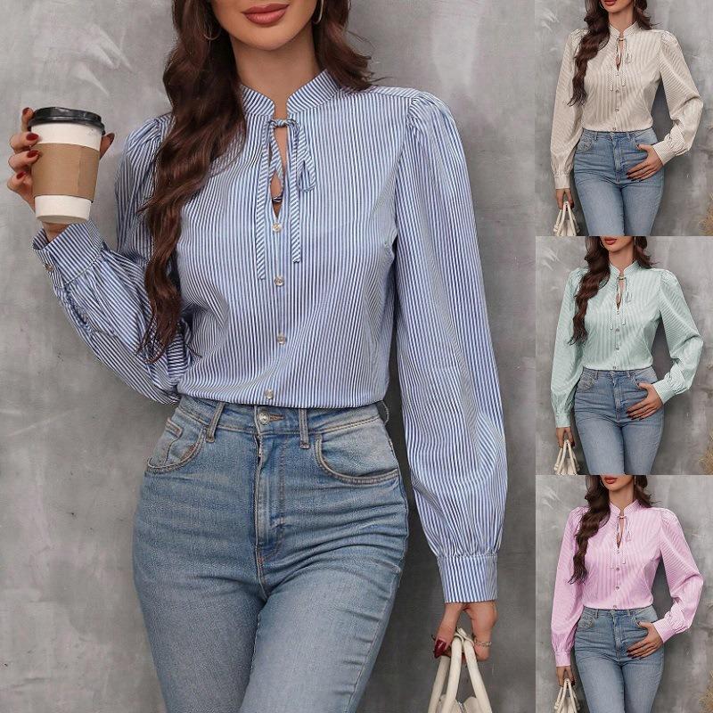 Spring and Autumn New Fashion Women's Stand Collar Tie Button Striped Long Sleeve Shirt