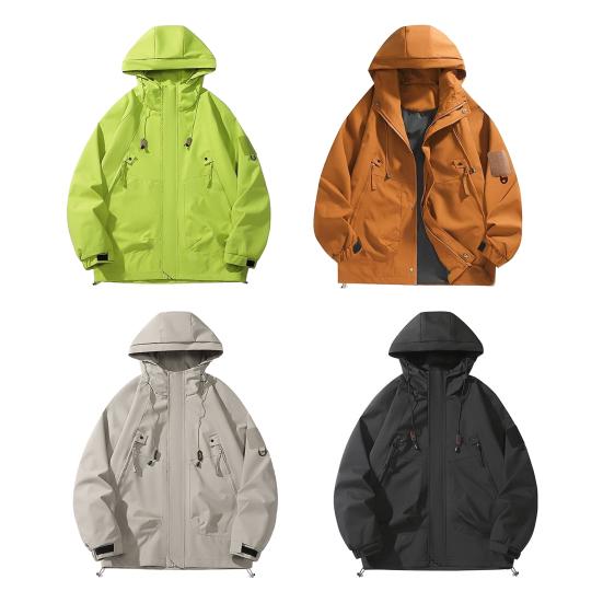 Men Jacket Hooded Long Sleeve Windproof Waterproof Windbreaker with Multi-Pocket Design Casual Sports Style Outerwear