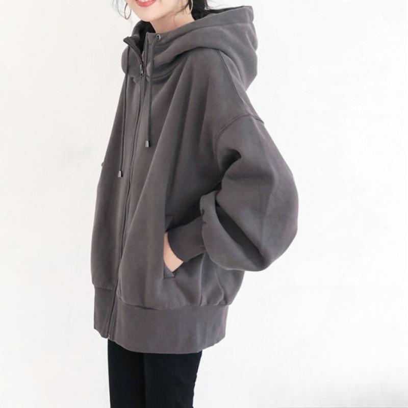 Women's Loose Long Sleeve Drawstring Sweatshirt Oversized Solid Color Zipper Hoodie  Mid-length Warmth Pocket Coat