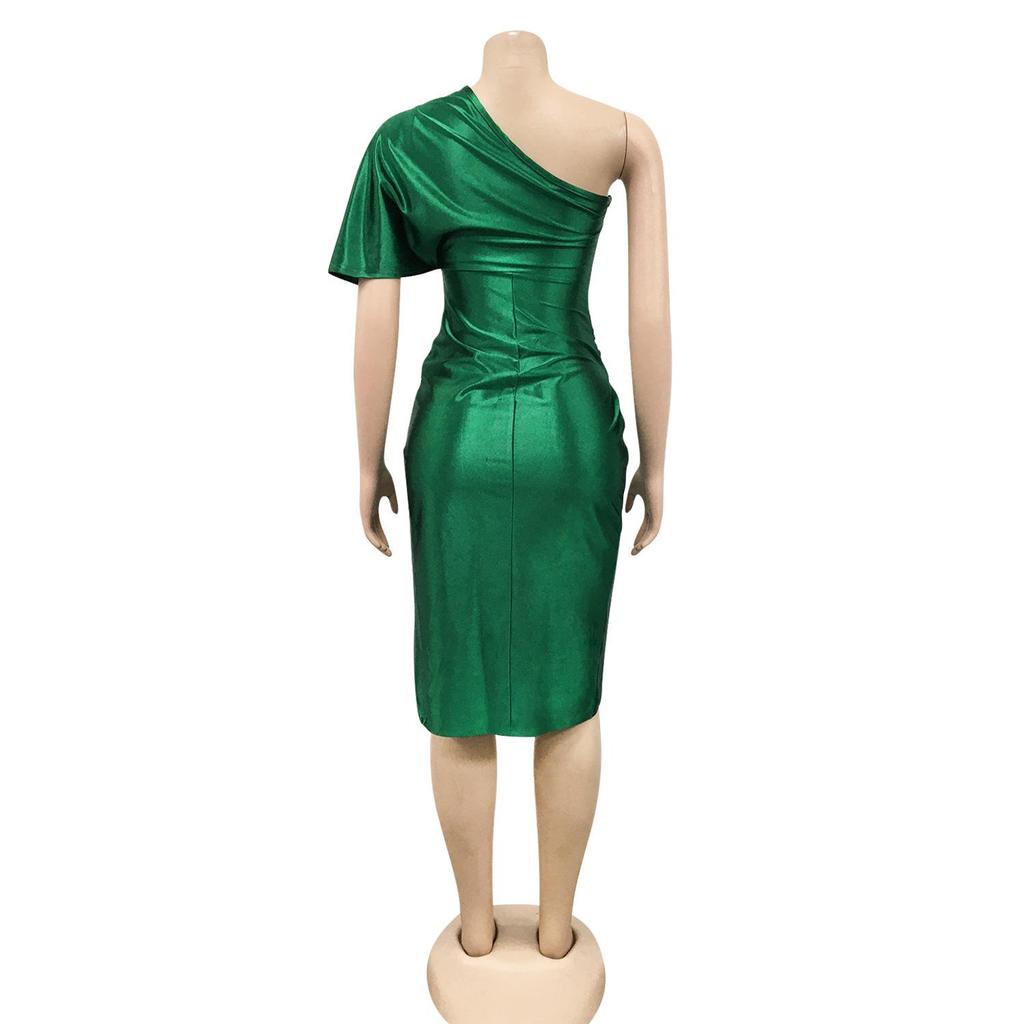 One-Shoulder Slit Midi Dress - Women's Fashion Solid Color, Europe & America Style