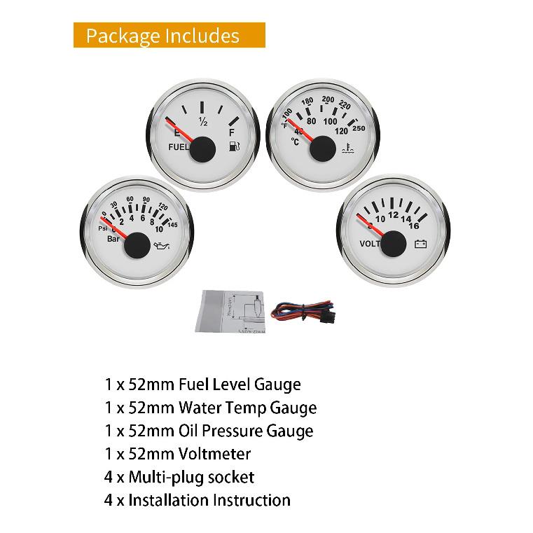 ELING 4 Gauge Set 52mm 40-120℃ Water Temp 0-10Bar Oil Pressure Fuel Level 8-16V Voltmeter with Red Backlight for Marine Car