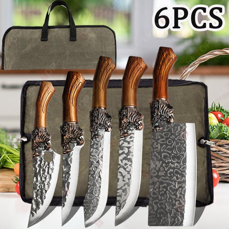 Kitchen Knife with Roll Bag Stainless Steel Butcher Slicing Knife Cooking BBQ Chef Knife Professional Forged Boning Knife