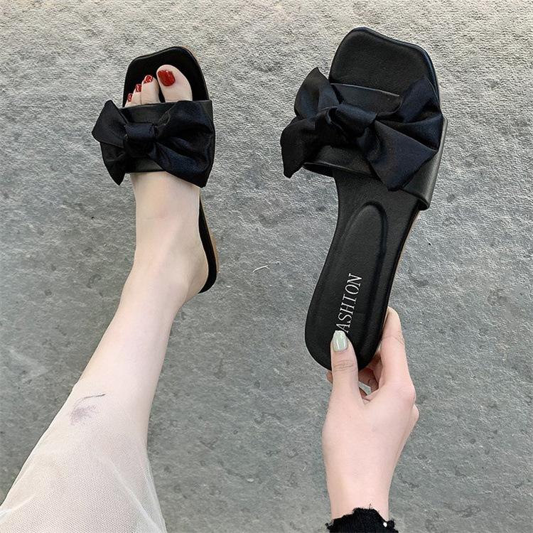 2025 summer new fashion casual slippers women's outer wear square head bow flat bottom one-word drag
