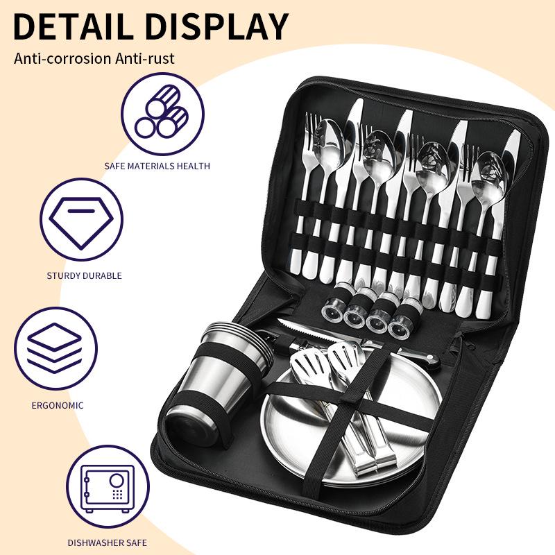 Stainless Steel Camping Cutlery Set: Knife, Fork, Spoon, Plate, Cup with Cloth Bag for Outdoor Use