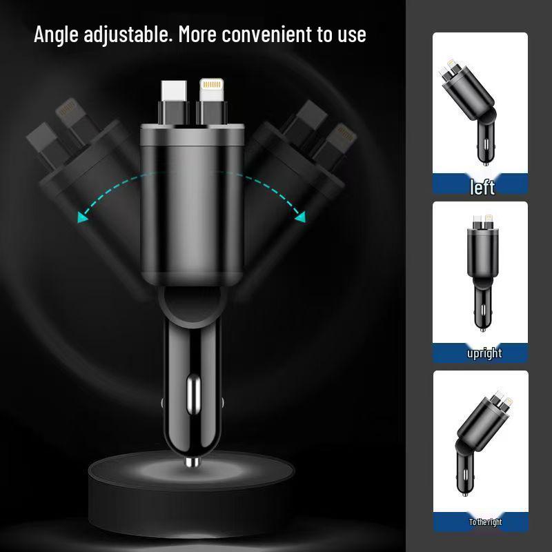 Dual-Line Retractable Car Charger with Digital Display, PD Fast Charging for Huawei & Apple.