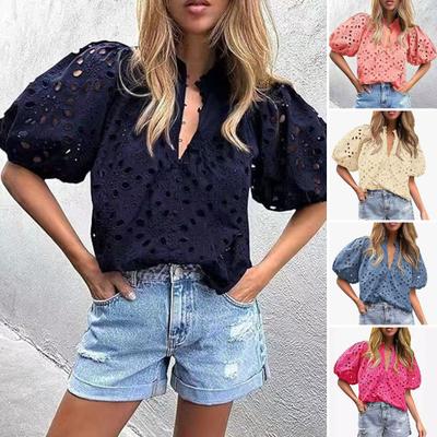 Women Shirt Stand Collar V-Neck Puff Short Sleeve Shirt Hollow Embroidered Flower