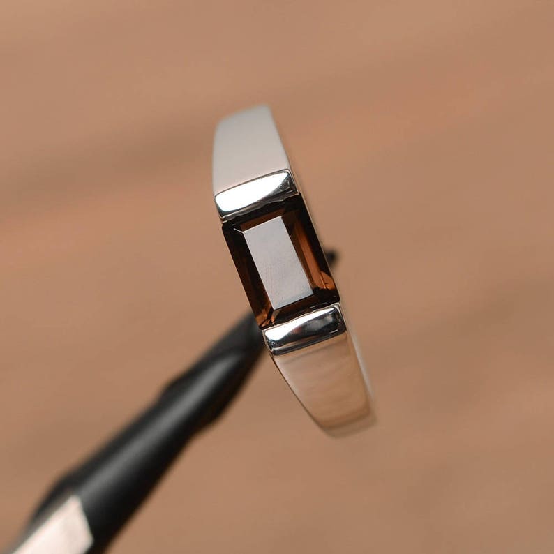 Women's Ring 925 Sterling Silver Band with Emerald Cut Smokey Quartz Gemstone For Engagement & Anniversary Wear Ring