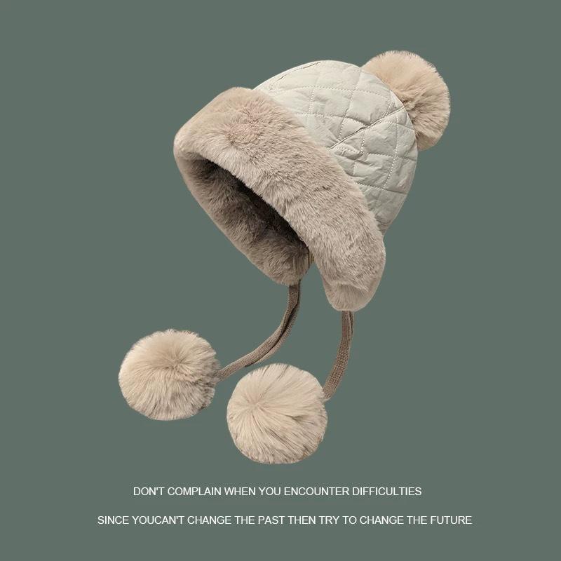 Wool hat autumn and winter women's ear protection plush bag head pullover hat cycling windproof plush thickened warm knitted hat