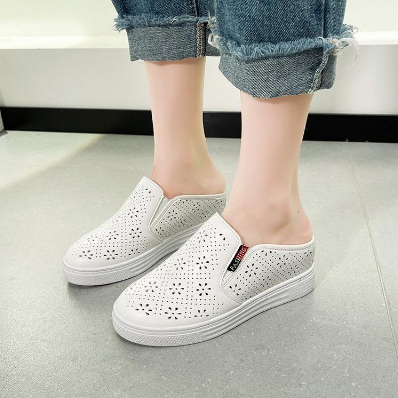 

Fashion Shoes Cover Toe Low House Slippers Platform Loafers Slides Slipers Women Fretwork Heels Flat 2025 Summer PU 34 белый