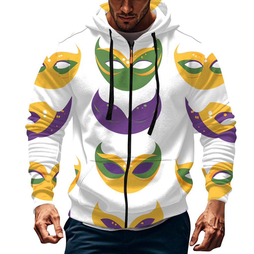 Men's Sports Casual Fleece Hoodie Carnival Print Hoodie Cardigan Zipper Multi-pocket Hoodie Coat