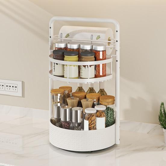 Suporte Rotativo de Especiarias com Porta-Papel Toalha Embutido Organizador de Camada Dupla Ajustável em Altura 360 Graus Rack de Armazenamento de Cozinha de Metal