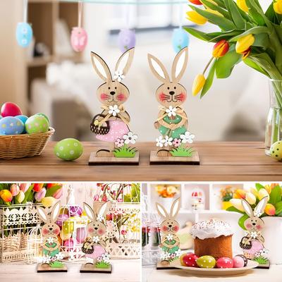 Set de 2 Decorațiuni Iepurași de Paște din Lemn cu Accente Florale și Coșuleț - Perfect pentru Grădină și Casă